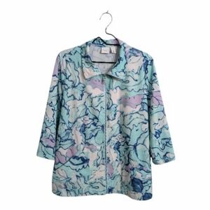 Weekends x Chico's Blue Purple Watercolor Lightweight Jacket 3/4 Sleeve Zipper L